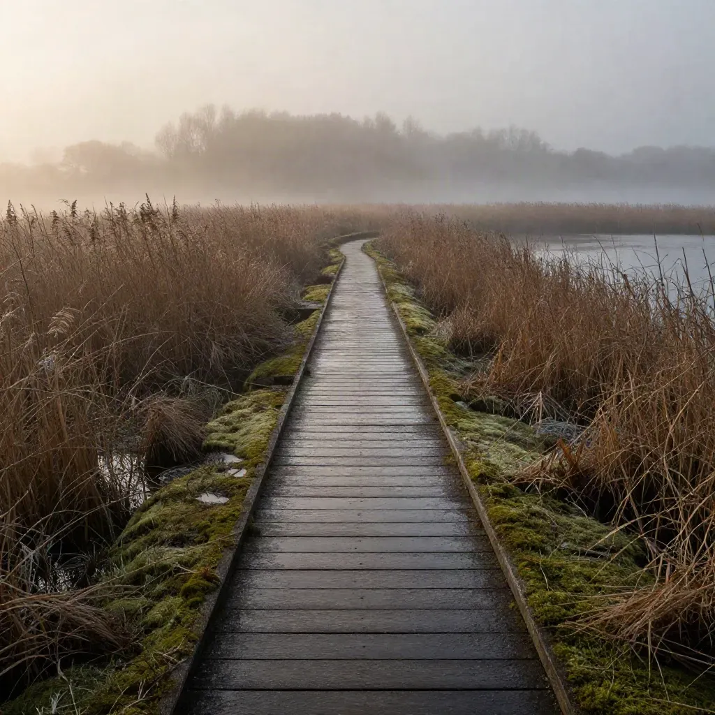 Sentier plat entre deux étangs, passerelle boisée et roseaux dans la brume du matin.