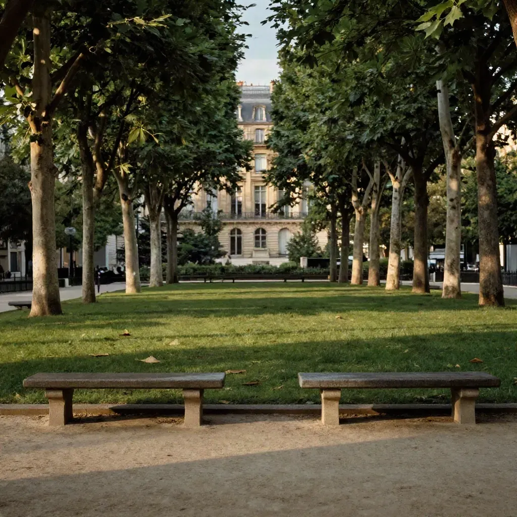 Pelouse calme entre platanes, bancs de pierre et immeuble haussmannien adouci.