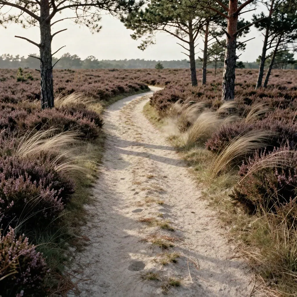 Sentier blond dans la lande, touffes de bruyère et pins sous un vent sec.
