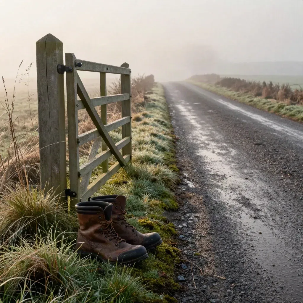 Bottes de marche près d’un talus, barrière en bois et chemin humide au petit matin.