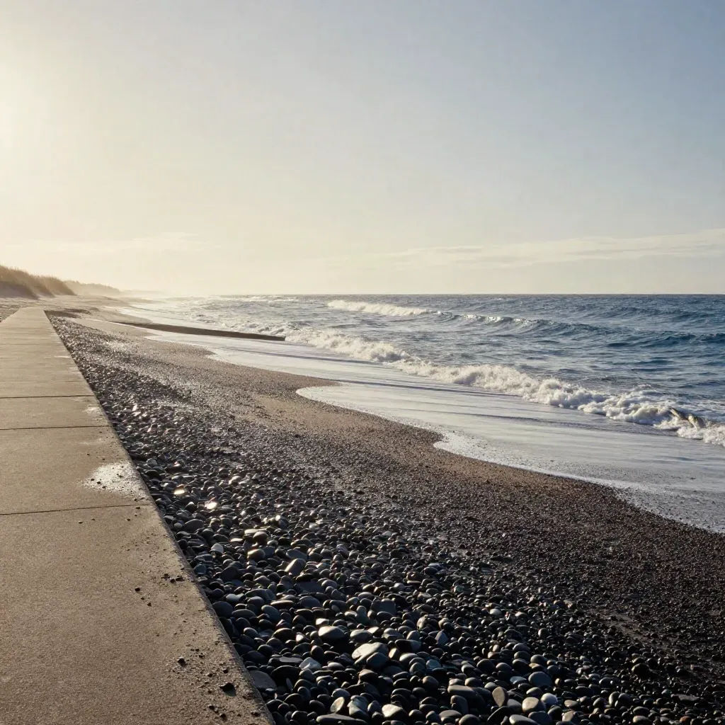 Plage de galets quasi vide, digue basse, vagues larges et ciel pâle venteux.