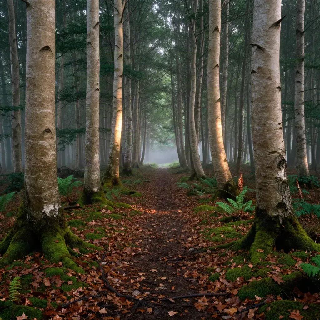 Sous-bois normand brumeux, hêtres clairs, mousse épaisse et chemin de feuilles.