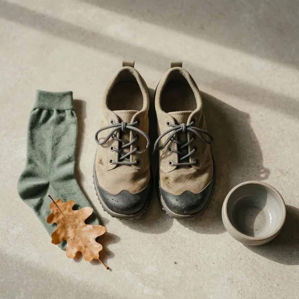 Chaussures de marche d’enfant boueuses, chaussette roulée, feuille de chêne et bol en grès.