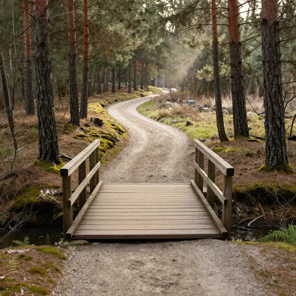 Sentier familial en Sologne avec petit pont de bois et clairière lumineuse parmi les pins