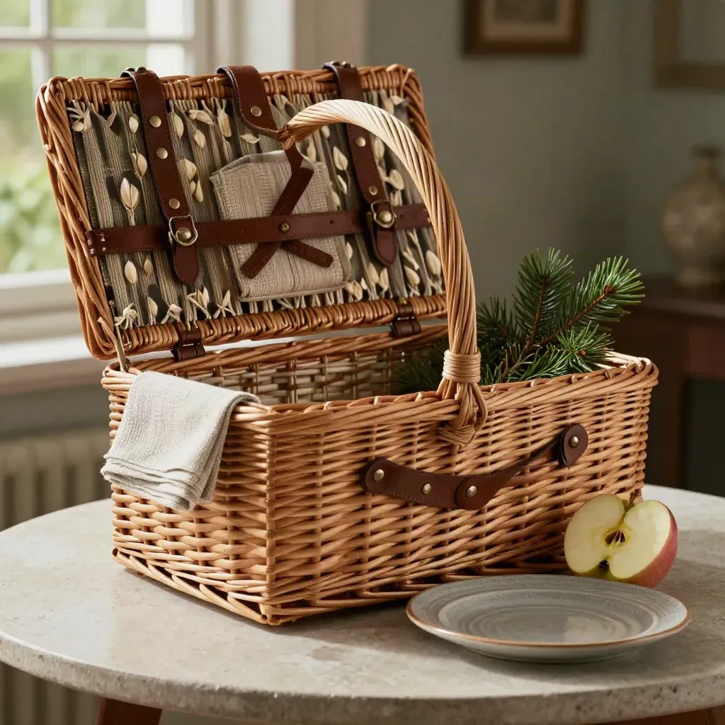 Panier de pique-nique, serviette, assiette en grès et pomme coupée sur table claire.