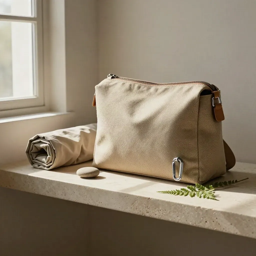 Sac de jour en toile, veste roulée, fougère et pierre sur étagère en pierre, lumière douce.